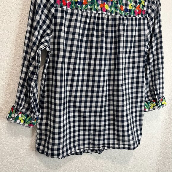 Intro Navy Blue White Gingham Floral Embroidered Button Up 3/4 Sleeve Top Sz PL - Picture 6 of 10